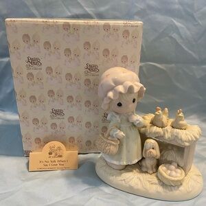 Precious Moments Girl with Chickens in Cream and Tan